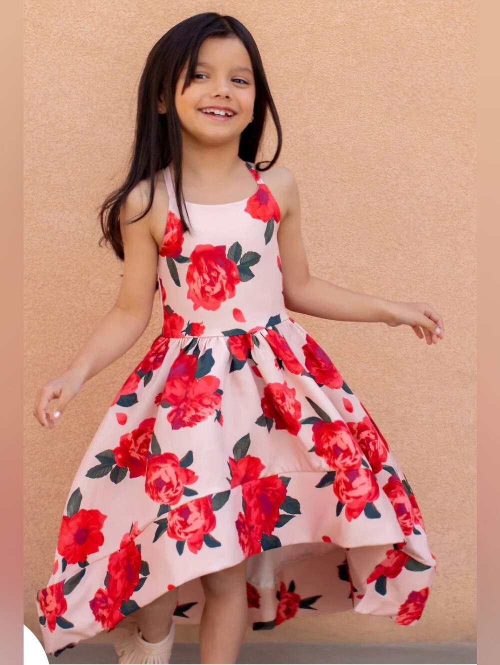 Joyfolie Pearl Toddler Girls Pink Floral High-Low Party Dress with Red Roses 4T